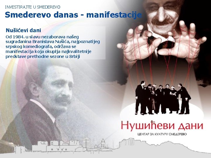 INVESTIRAJTE U SMEDEREVO Smederevo danas - manifestacije Nušićevi dani Od 1984. u slavu nezaborava