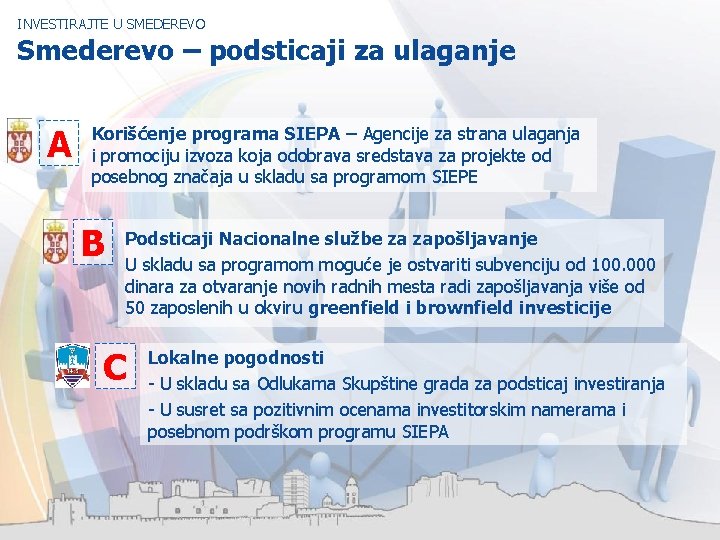 INVESTIRAJTE U SMEDEREVO Smederevo – podsticaji za ulaganje A Korišćenje programa SIEPA – Agencije