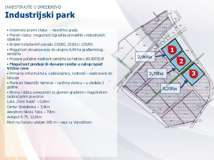 INVESTIRAJTE U SMEDEREVO Industrijski park • Imovinsko-pravni status - vlasništvo grada • Planski status: