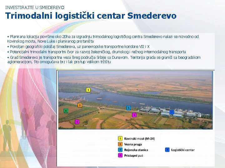 INVESTIRAJTE U SMEDEREVO Trimodalni logistički centar Smederevo • Planirana lokacija površine oko 20 ha