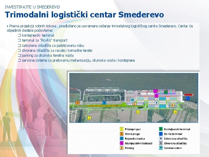 INVESTIRAJTE U SMEDEREVO Trimodalni logistički centar Smederevo • Prema projekciji robnih tokova , predloženo