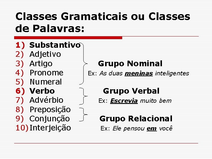 Classes Gramaticais ou Classes de Palavras: 1) Substantivo 2) Adjetivo 3) Artigo 4) Pronome