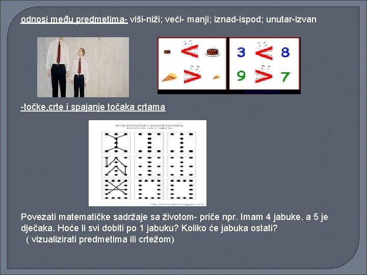 odnosi među predmetima- viši-niži; veći- manji; iznad-ispod; unutar-izvan -točke, crte i spajanje točaka crtama