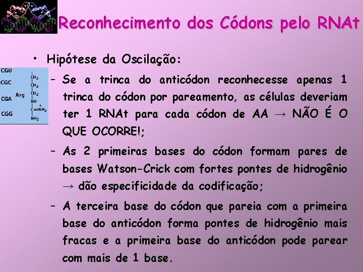 Reconhecimento dos Códons pelo RNAt • Hipótese da Oscilação: – Se a trinca do