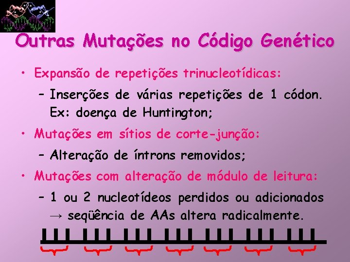 Outras Mutações no Código Genético • Expansão de repetições trinucleotídicas: – Inserções de várias