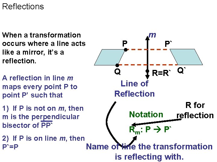 Reflections When a transformation occurs where a line acts like a mirror, it’s a