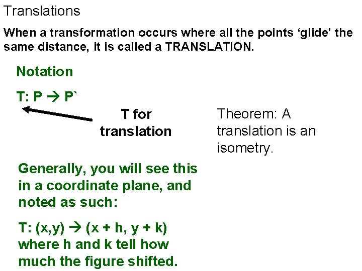 Translations When a transformation occurs where all the points ‘glide’ the same distance, it