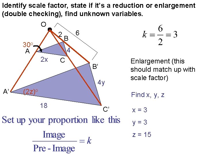 Identify scale factor, state if it’s a reduction or enlargement (double checking), find unknown
