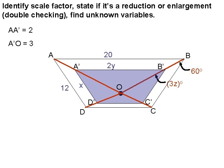 Identify scale factor, state if it’s a reduction or enlargement (double checking), find unknown