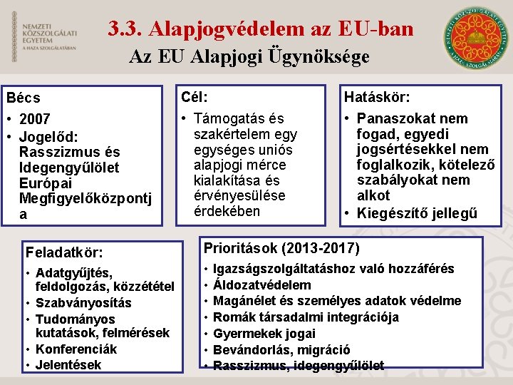 3. 3. Alapjogvédelem az EU-ban Az EU Alapjogi Ügynöksége Bécs • 2007 • Jogelőd: