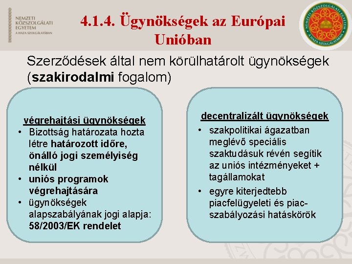 4. 1. 4. Ügynökségek az Európai Unióban Szerződések által nem körülhatárolt ügynökségek (szakirodalmi fogalom)