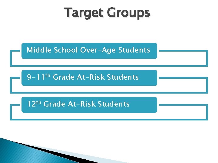Target Groups Middle School Over-Age Students 9 -11 th Grade At-Risk Students 12 th
