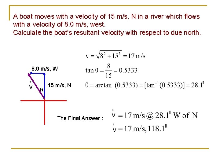 A boat moves with a velocity of 15 m/s, N in a river which