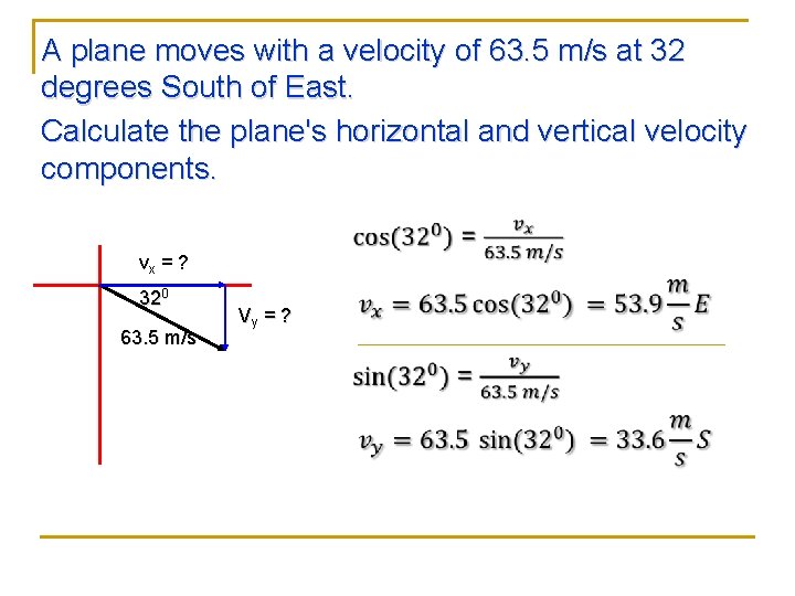 A plane moves with a velocity of 63. 5 m/s at 32 degrees South