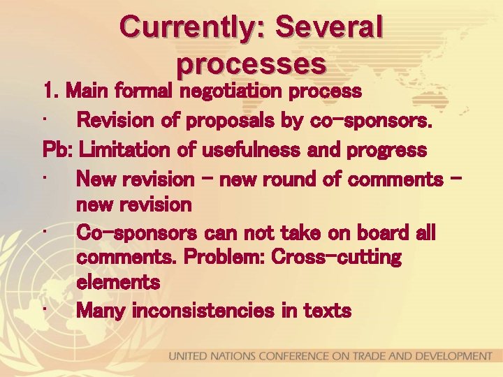 Currently: Several processes 1. Main formal negotiation process • Revision of proposals by co-sponsors.