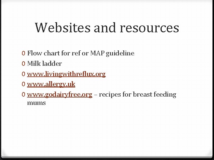 Websites and resources 0 Flow chart for ref or MAP guideline 0 Milk ladder