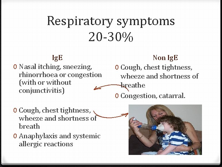 Respiratory symptoms 20 -30% Ig. E 0 Nasal itching, sneezing, rhinorrhoea or congestion (with