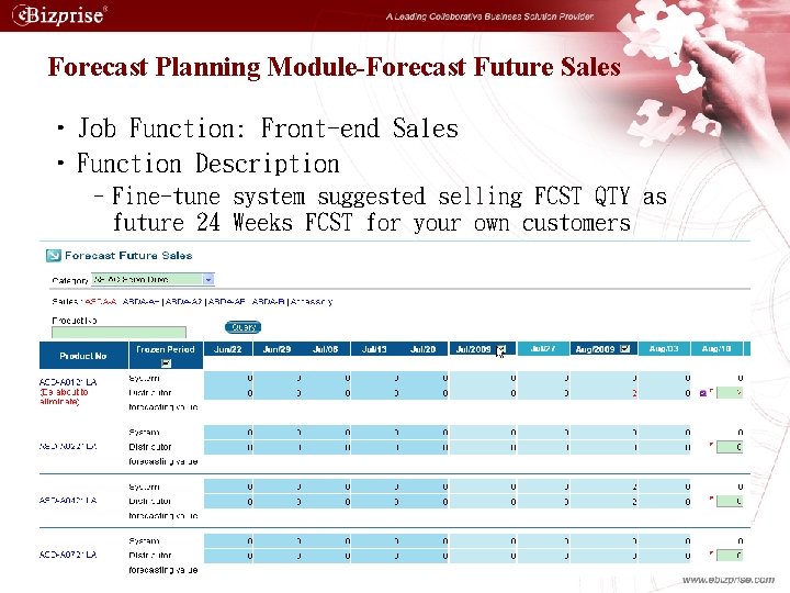 Forecast Planning Module-Forecast Future Sales • Job Function: Front-end Sales • Function Description –Fine-tune