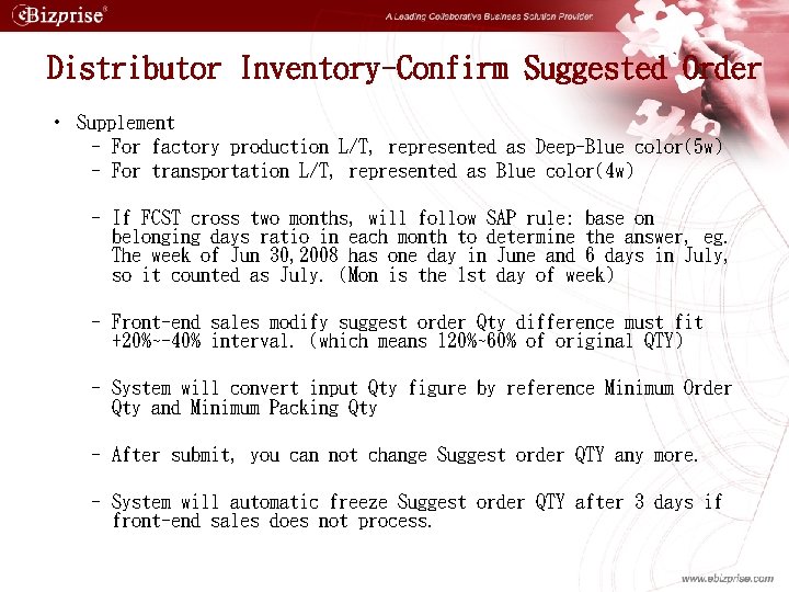 Distributor Inventory-Confirm Suggested Order • Supplement – For factory production L/T, represented as Deep-Blue