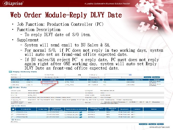 Web Order Module-Reply DLVY Date • Job Function: Production Controller (PC) • Function Description