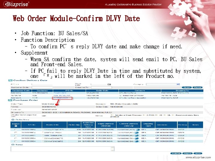 Web Order Module-Confirm DLVY Date • Job Function: BU Sales/SA • Function Description –