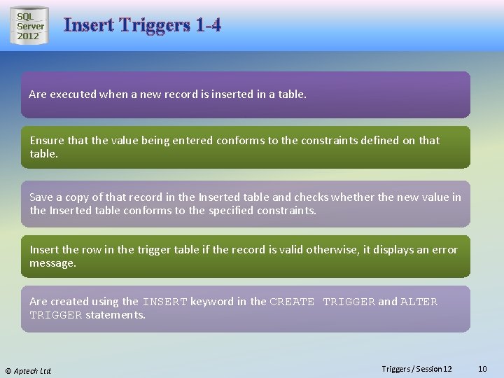SQL Server 2012 Insert Triggers 1 -4 Are executed when a new record is
