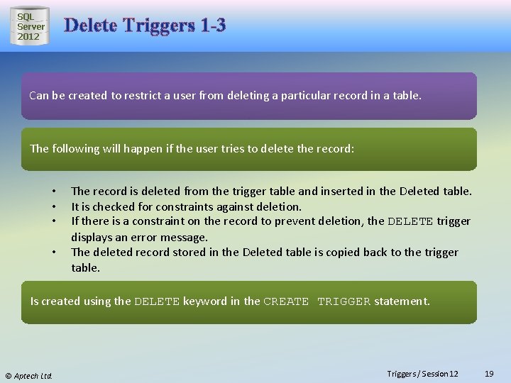 SQL Server 2012 Delete Triggers 1 -3 Can be created to restrict a user