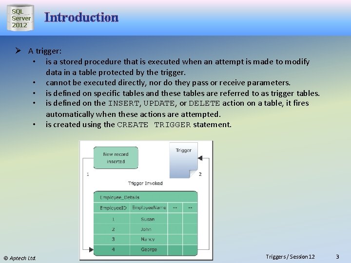 SQL Server 2012 Introduction Ø A trigger: • is a stored procedure that is