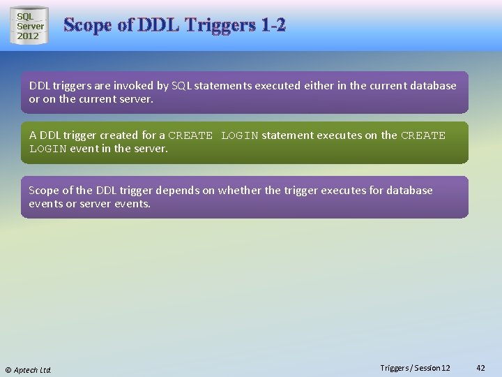 SQL Server 2012 Scope of DDL Triggers 1 -2 DDL triggers are invoked by