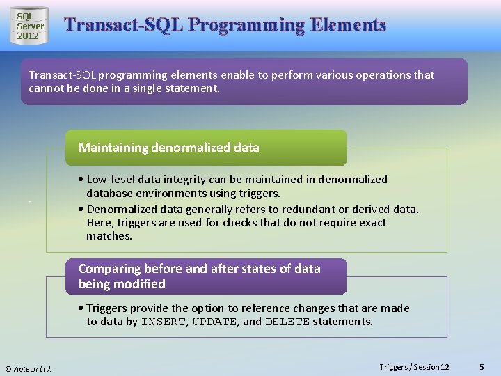 SQL Server 2012 Transact-SQL Programming Elements Transact-SQL programming elements enable to perform various operations