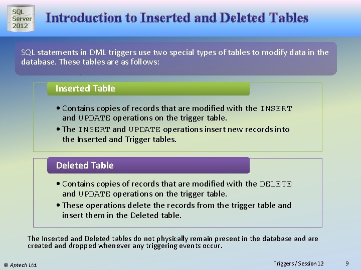 SQL Server 2012 Introduction to Inserted and Deleted Tables SQL statements in DML triggers