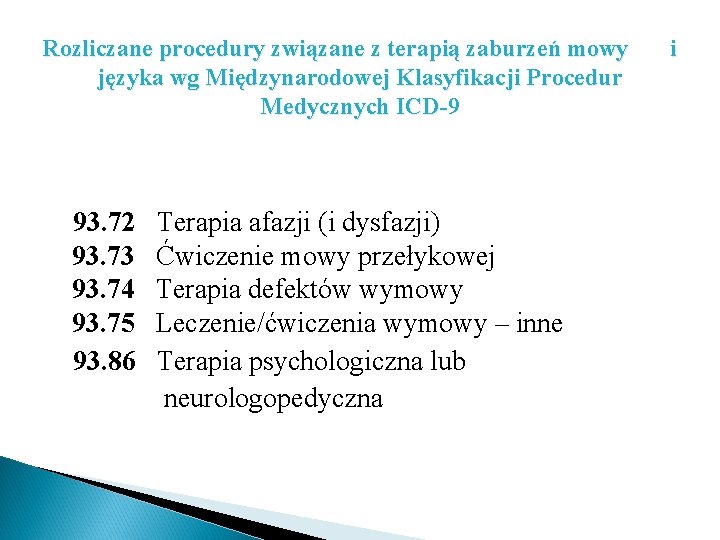 Rozliczane procedury związane z terapią zaburzeń mowy języka wg Międzynarodowej Klasyfikacji Procedur Medycznych ICD-9