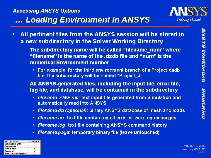 Accessing ANSYS Options … Loading Environment in ANSYS Training Manual – The subdirectory name