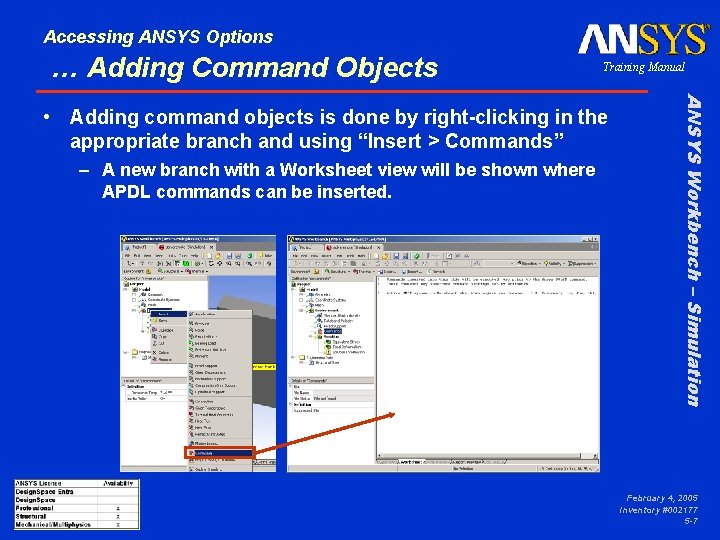 Accessing ANSYS Options … Adding Command Objects Training Manual – A new branch with