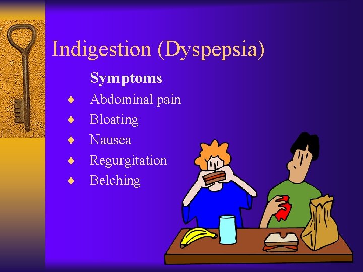 Indigestion (Dyspepsia) Symptoms ¨ ¨ ¨ Abdominal pain Bloating Nausea Regurgitation Belching 