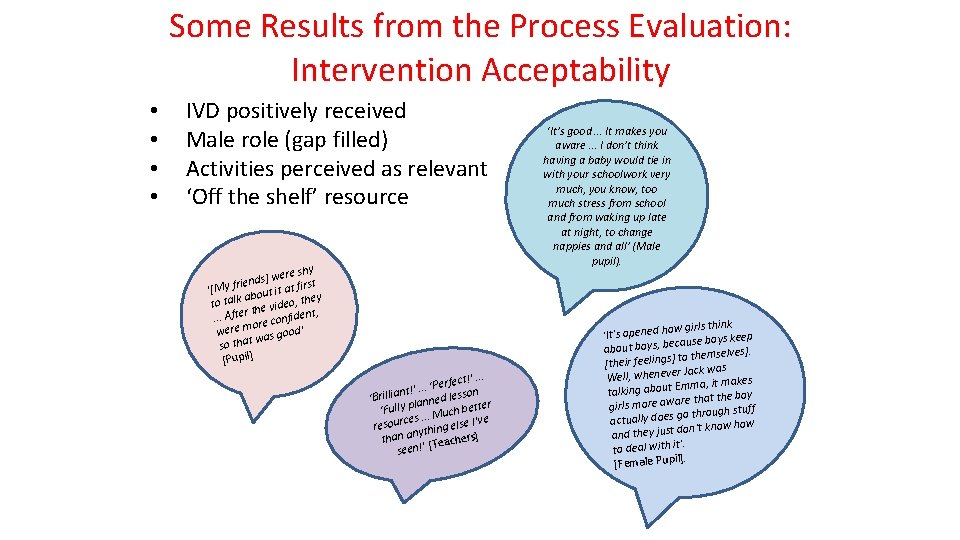 Some Results from the Process Evaluation: Intervention Acceptability • • IVD positively received Male