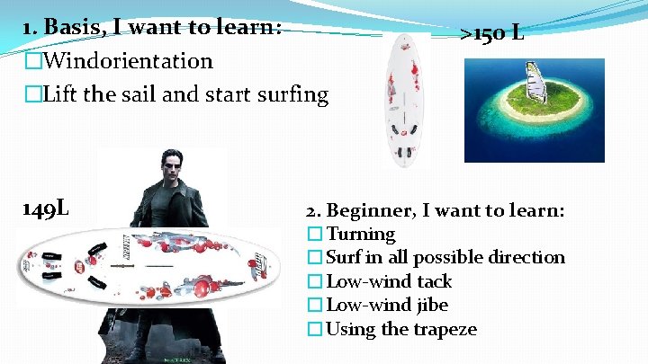 1. Basis, I want to learn: �Windorientation �Lift the sail and start surfing 149