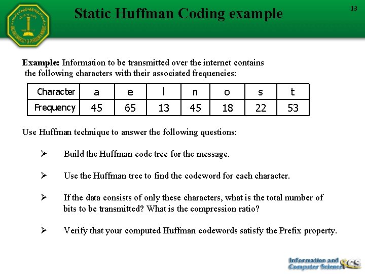 13 Static Huffman Coding example Example: Information to be transmitted over the internet contains
