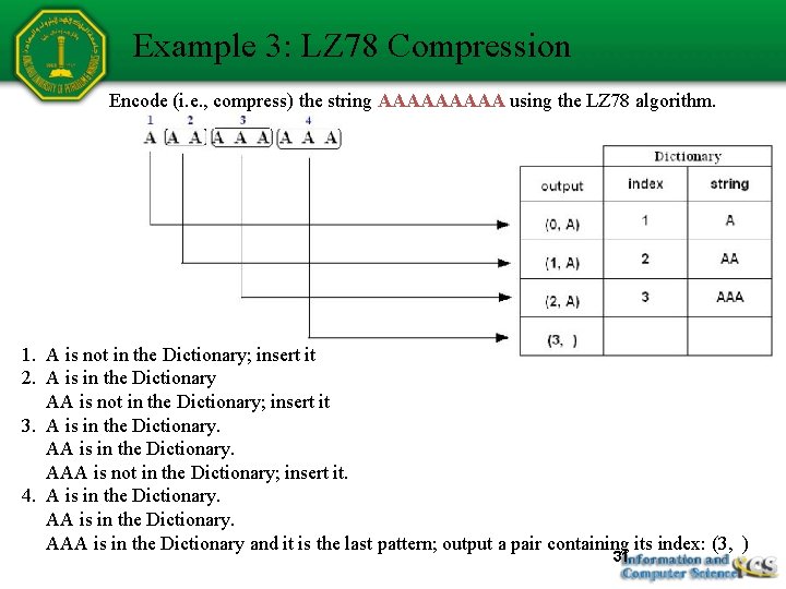 Example 3: LZ 78 Compression Encode (i. e. , compress) the string AAAAA using