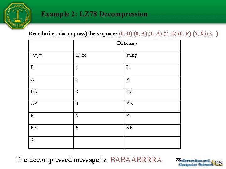 Example 2: LZ 78 Decompression Decode (i. e. , decompress) the sequence (0, B)