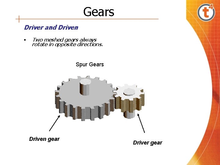 Gears Driver and Driven • Two meshed gears always rotate in opposite directions. Spur