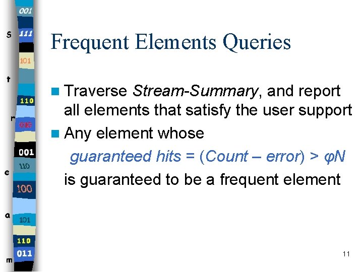Frequent Elements Queries n Traverse Stream-Summary, and report all elements that satisfy the user