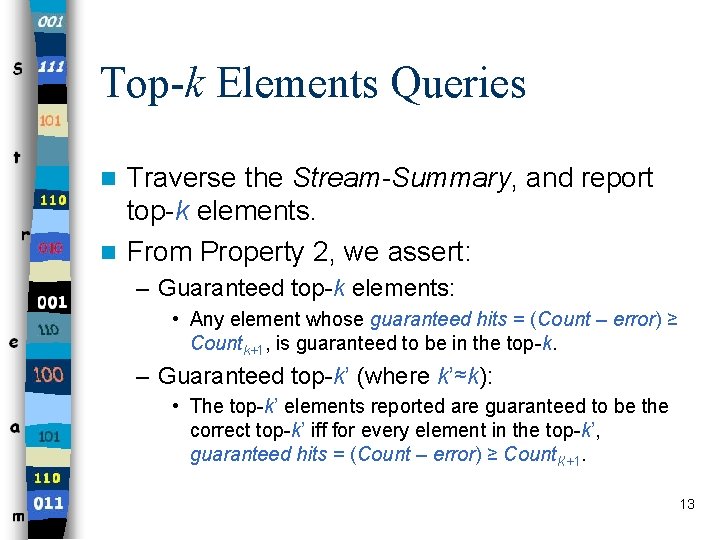 Top-k Elements Queries Traverse the Stream-Summary, and report top-k elements. n From Property 2,