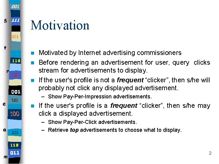 Motivation Motivated by Internet advertising commissioners n Before rendering an advertisement for user, query