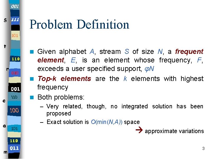 Problem Definition Given alphabet A, stream S of size N, a frequent element, E,