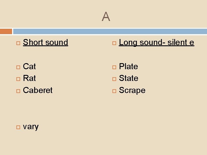A Short sound Cat Rat Caberet vary Long sound- silent e Plate State Scrape