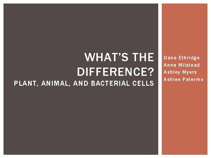 WHAT’S THE DIFFERENCE? PLANT, ANIMAL, AND BACTERIAL CELLS Dana Ethridge Anna Milstead Ashley Myers