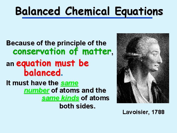 Balanced Chemical Equations Because of the principle of the conservation of matter, an equation