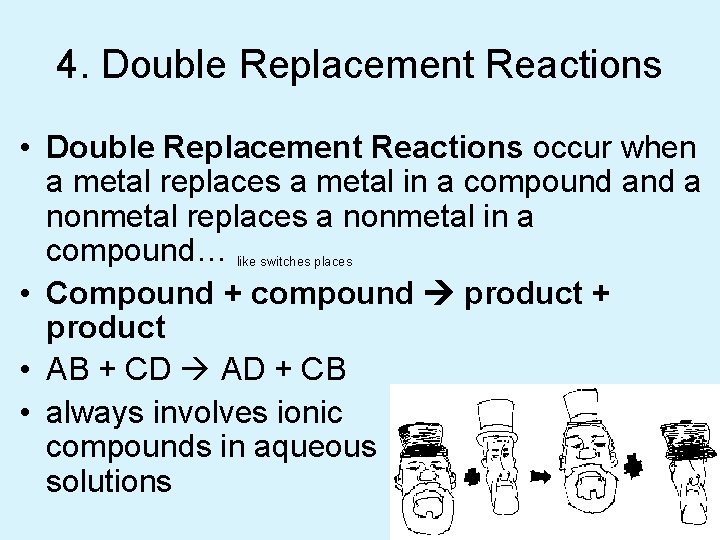 4. Double Replacement Reactions • Double Replacement Reactions occur when a metal replaces a