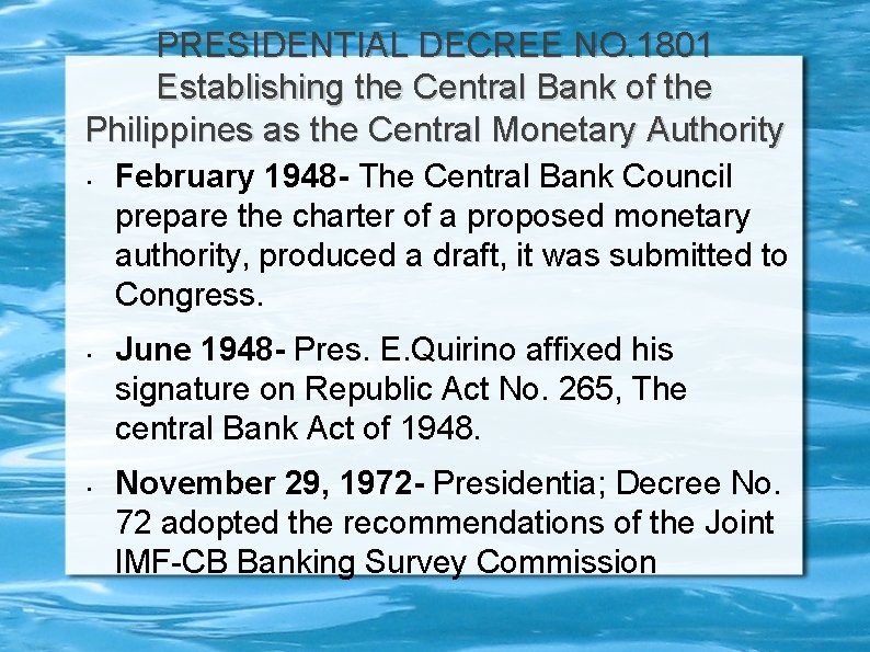 PRESIDENTIAL DECREE NO. 1801 Establishing the Central Bank of the Philippines as the Central